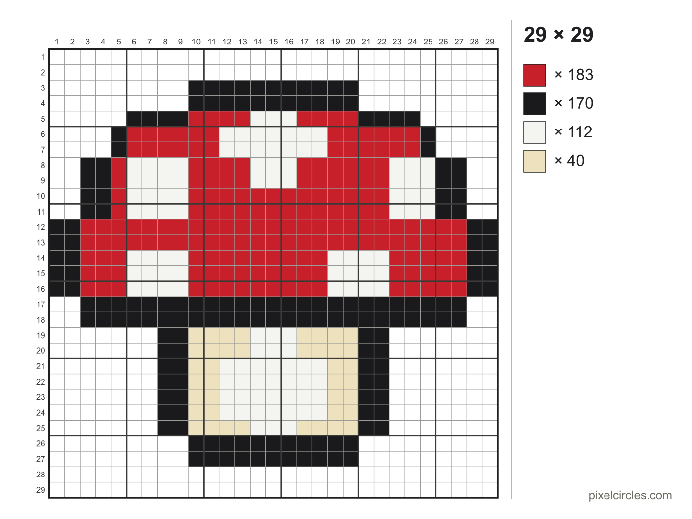 Bead pattern of a mushroom, 29 × 29 beads in 4 bead colours, filling one large square pegboard, with a bead count for each colour
