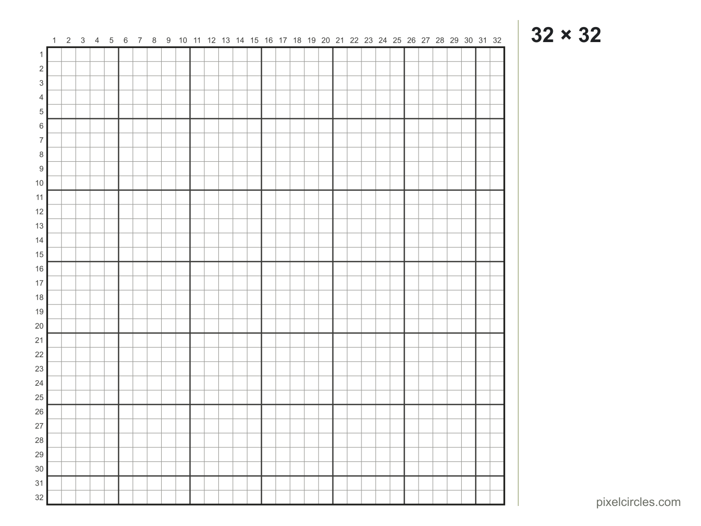 Blank pixel art grid, 32 × 32 squares, with row and column numbers and a thicker line every 5 squares
