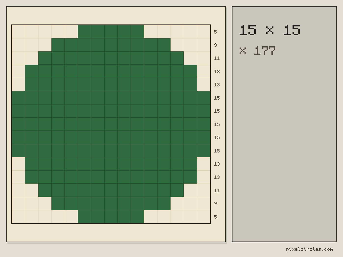 Fuse bead circle pattern 15 beads across with the number of beads in each row, 177 beads in total