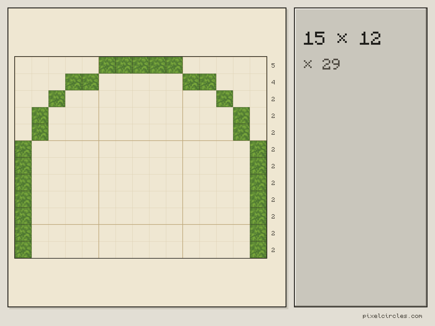 Front plan of a round Minecraft arch 15 blocks wide and 12 tall with the number of blocks in each row, 29 blocks in a one-block wall