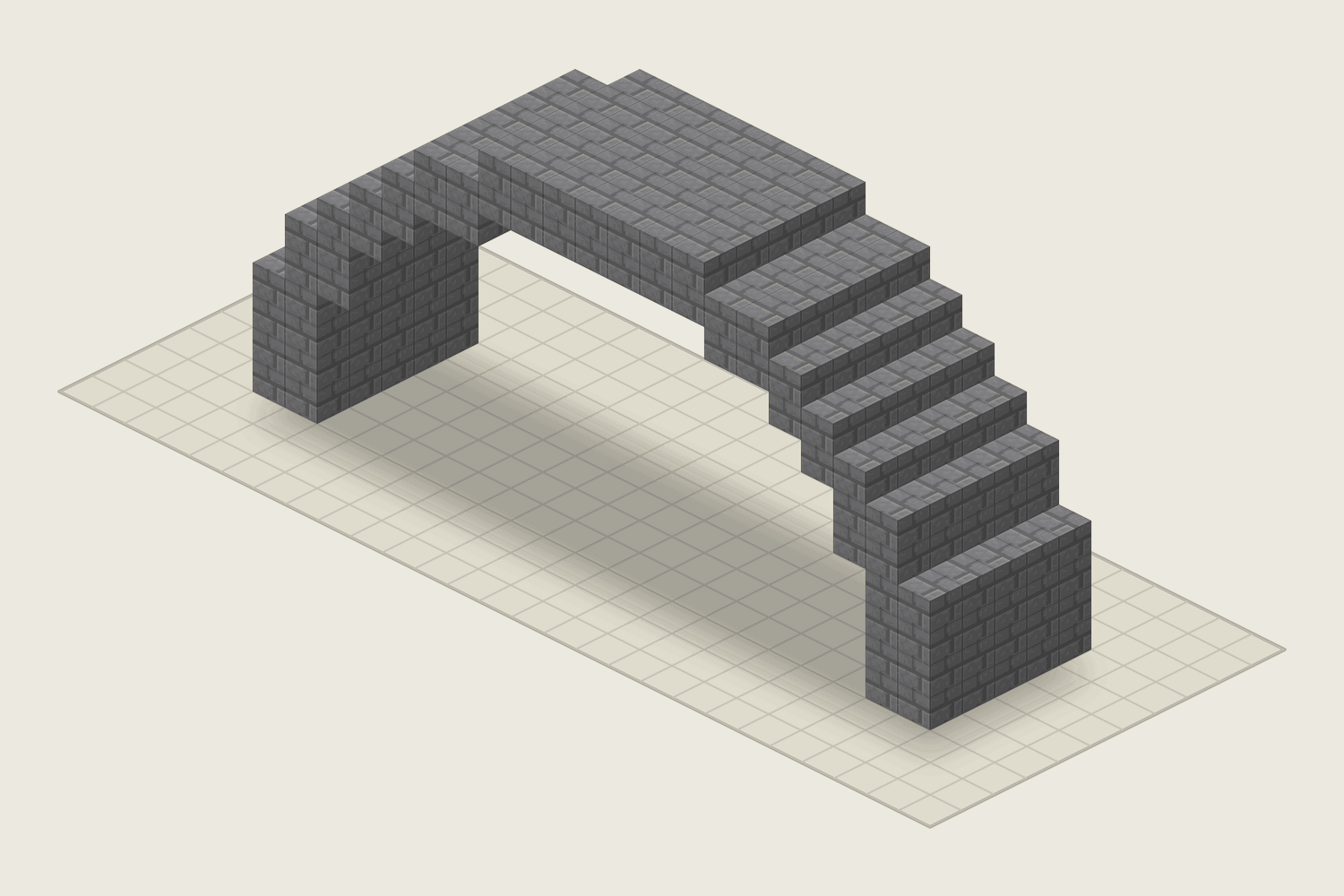 3D view of the finished Minecraft arch bridge: a round arch 21 blocks wide and 11 tall with a ring 2 blocks thick, 5 blocks deep, built from stone bricks, 280 blocks in total