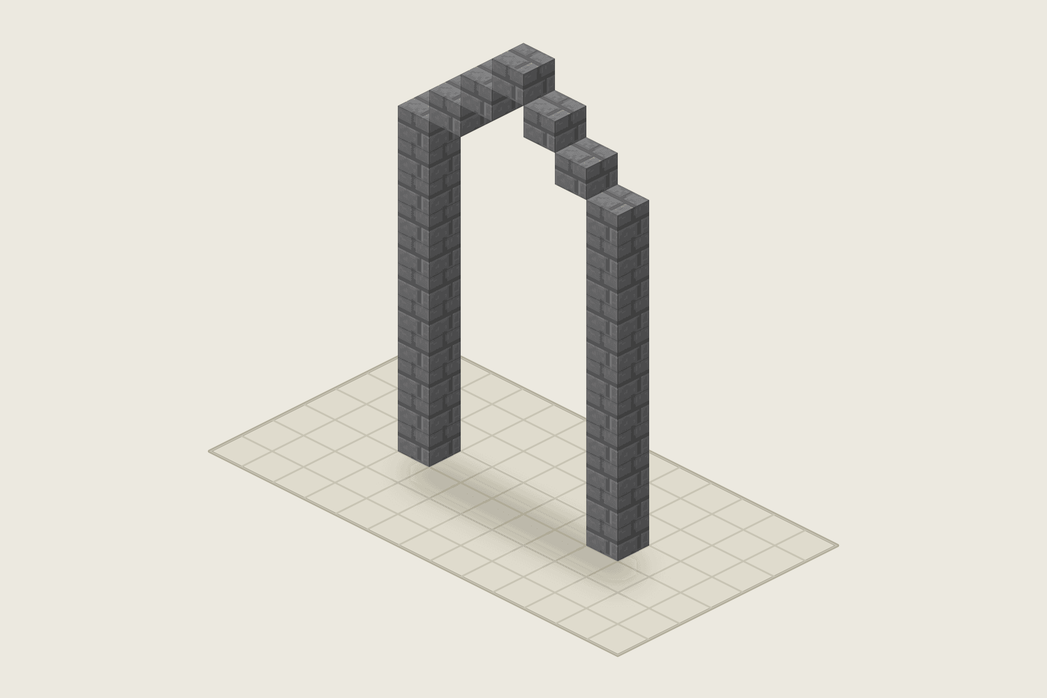 3D view of a finished Minecraft arch: a pointed Gothic arch window 7 blocks wide and 14 tall, one block thick, built from stone bricks, 27 blocks in total