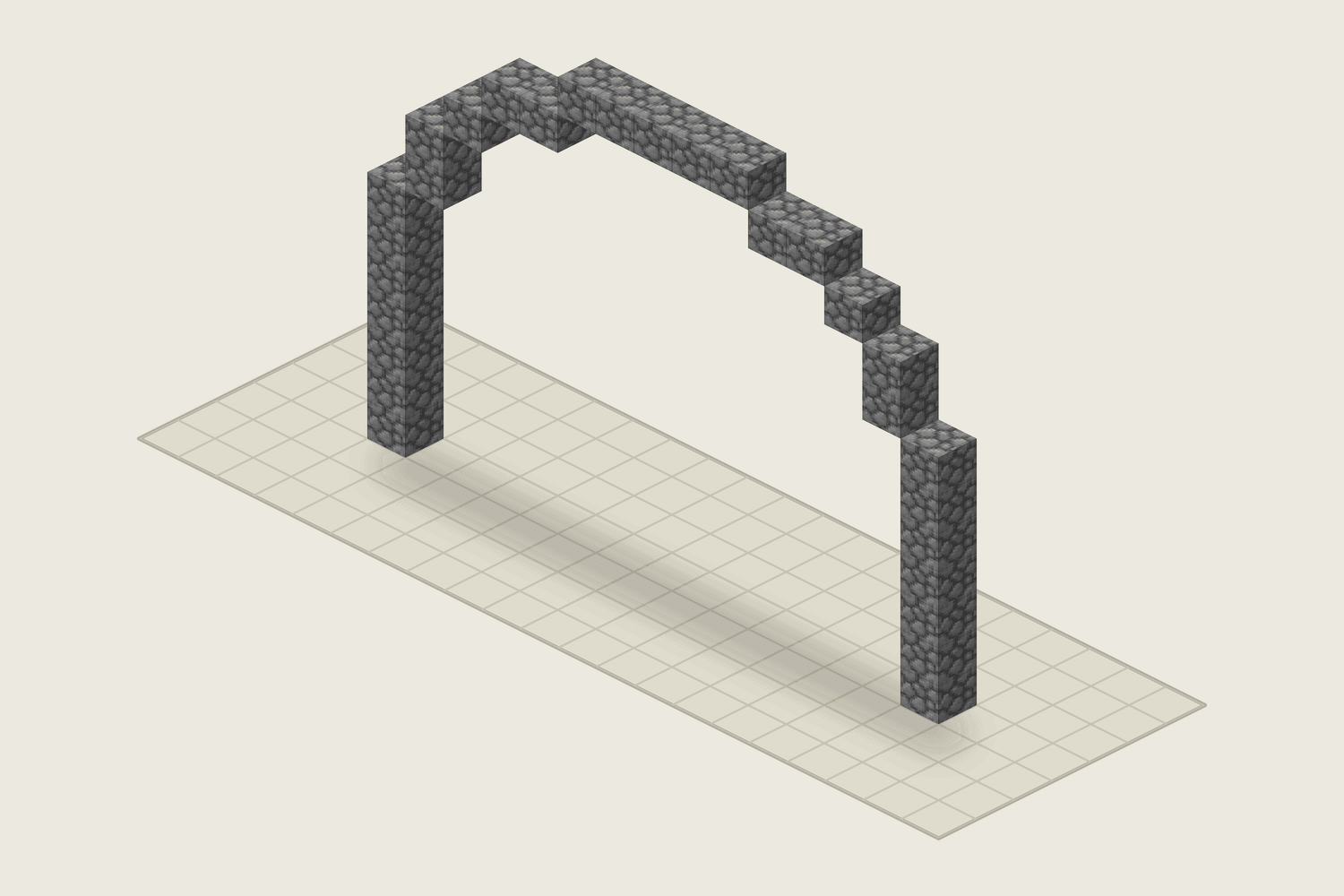 3D view of a finished Minecraft arch: the default round arch 15 blocks wide and 12 tall, one block thick, built from cobblestone, 29 blocks in total