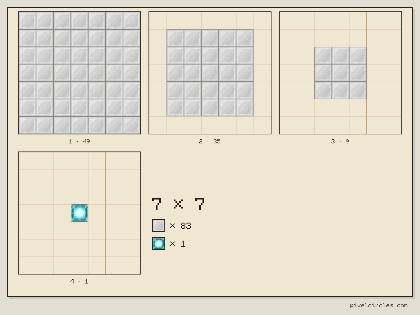 Minecraft beacon pyramid level 3 layer by layer, from the 7 × 7 base to the beacon on top, 83 mineral blocks in total