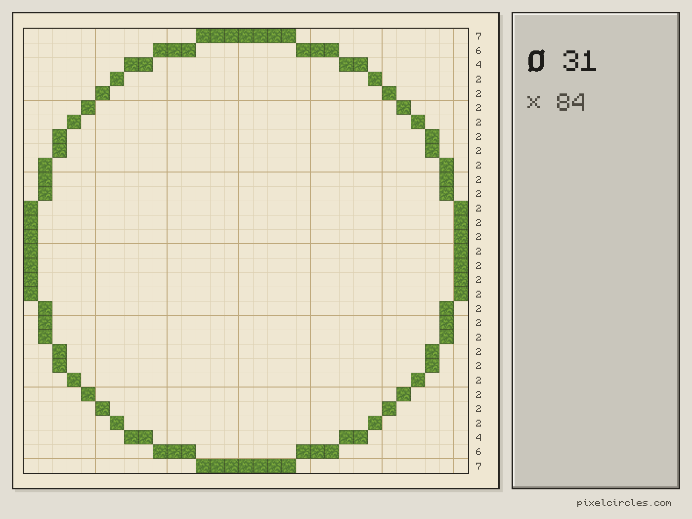Minecraft circle 31 blocks across, drawn block by block on a grid, with the number of blocks in each row and 84 blocks in total