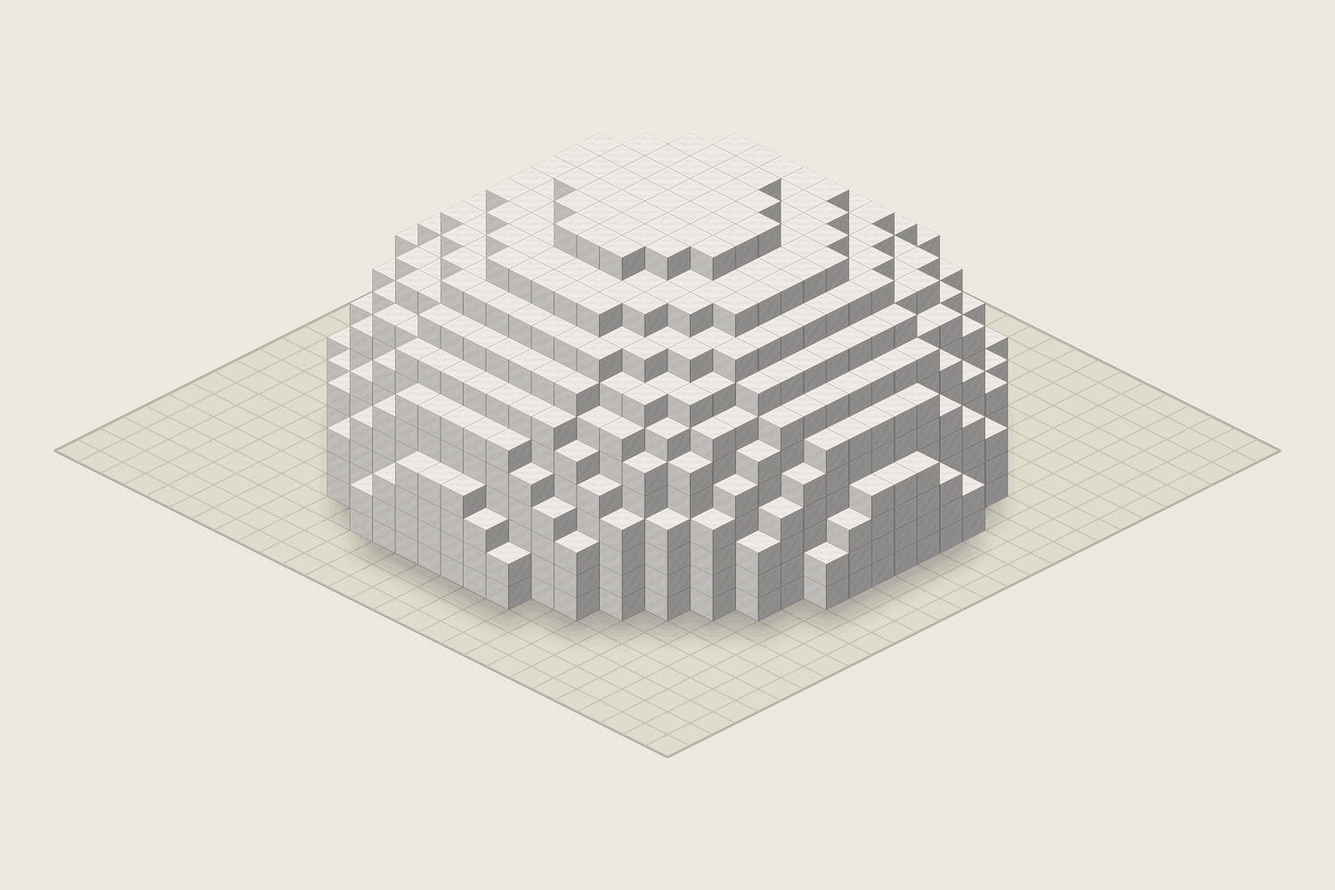3D view of the finished hollow Minecraft dome, 21 blocks wide and built from quartz blocks, 569 blocks in total