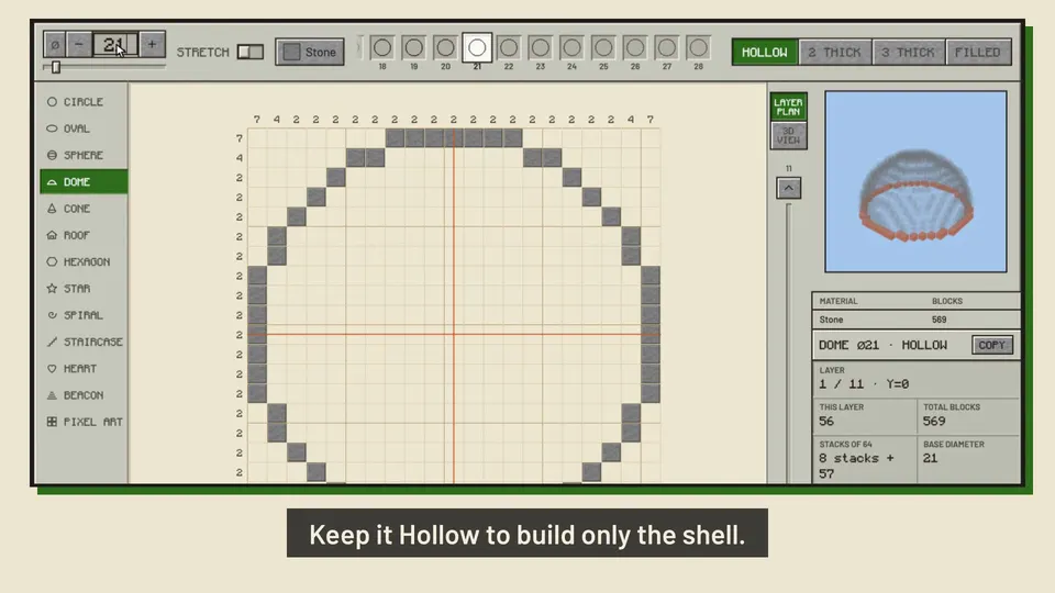 Layer 1 of a hollow 21-block Minecraft dome in the dome generator, with the block count beside it