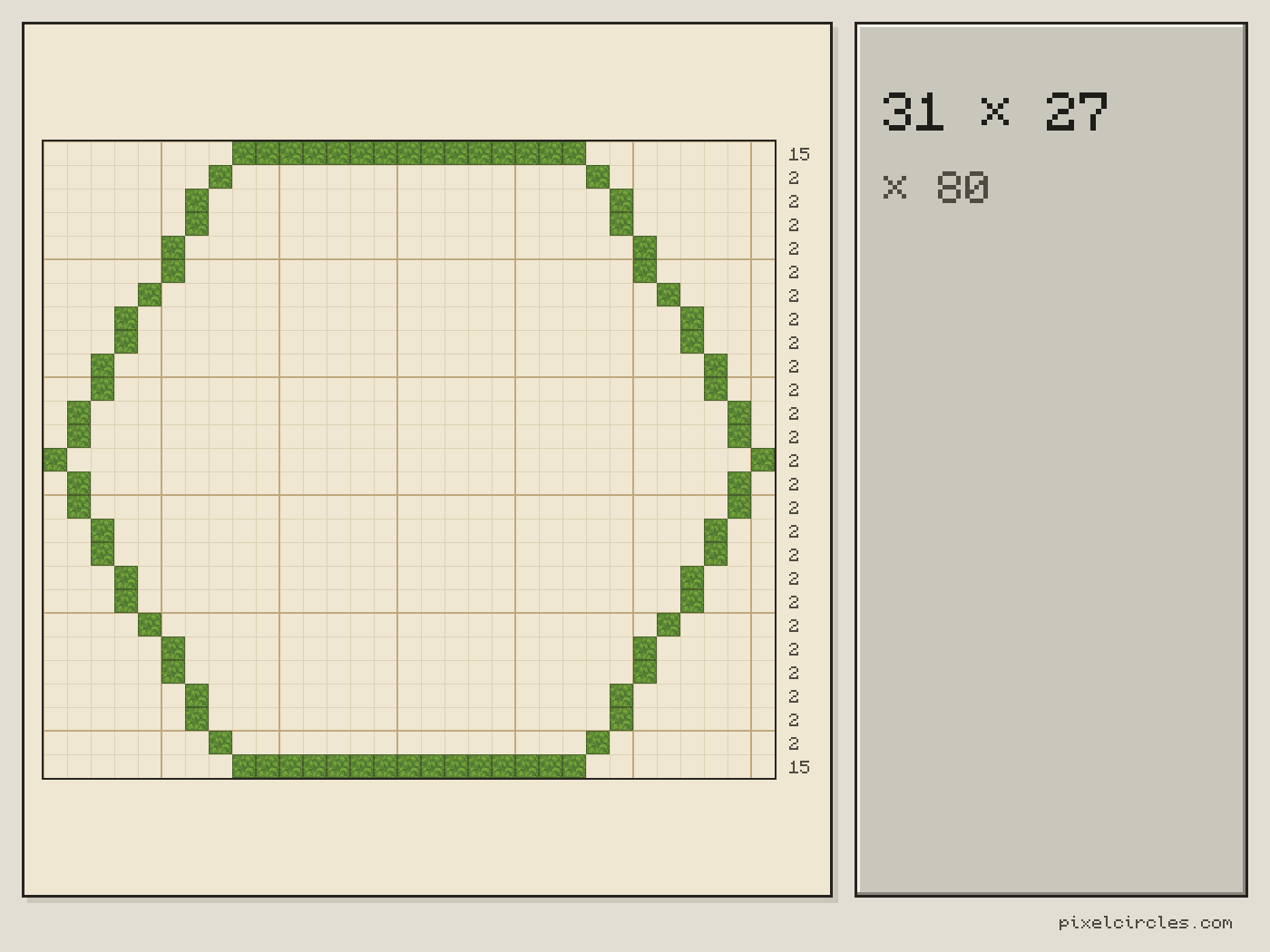 Plan of a hollow Minecraft hexagon 31 blocks wide and 27 rows tall with the number of blocks in each row, 80 blocks in total