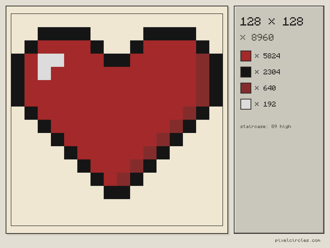Minecraft map art plan of the Heart sample in the flat map colours: 8,960 blocks on one map
