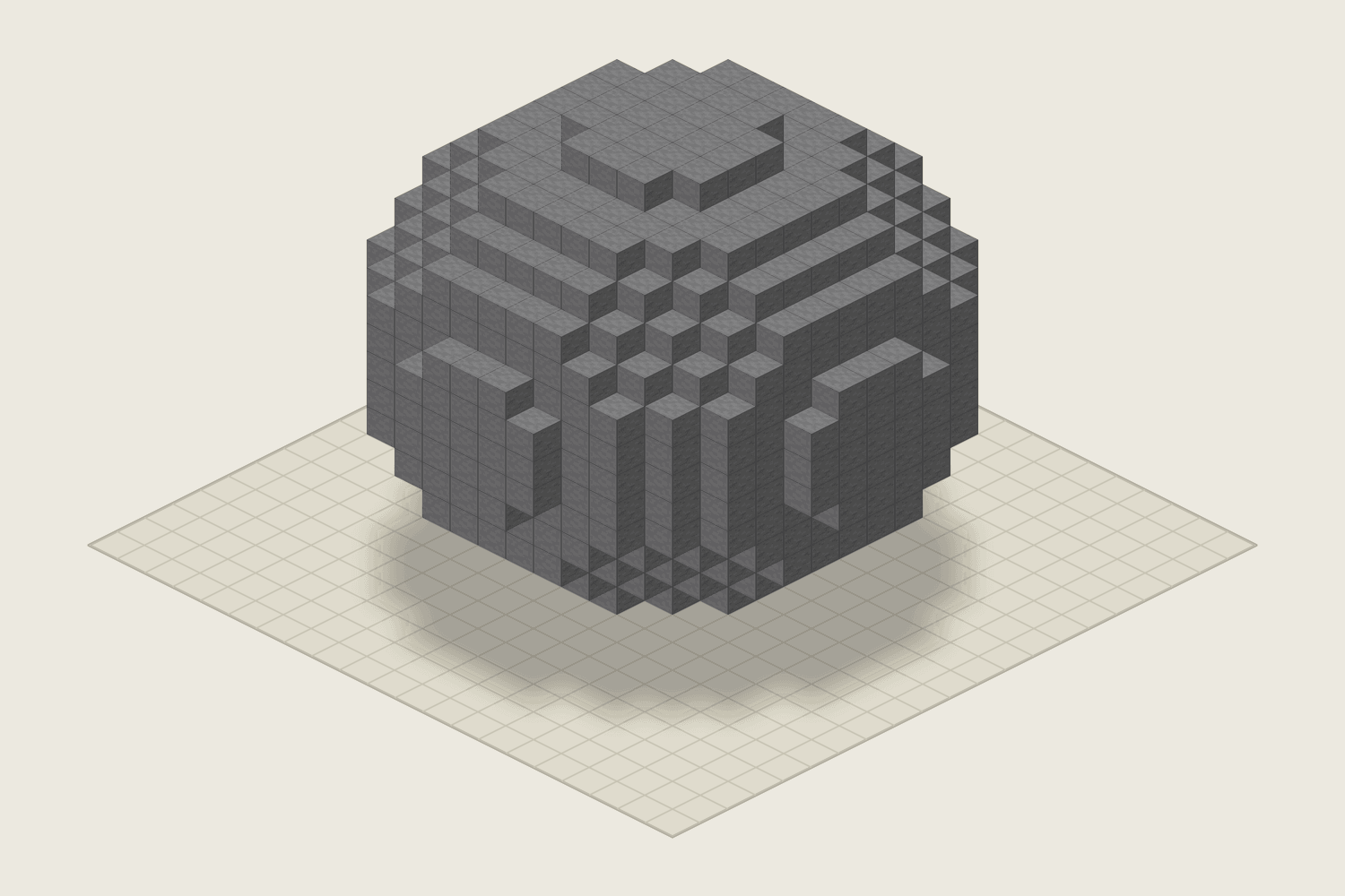3D view of the finished hollow Minecraft sphere, 15 blocks wide and built from stone, 530 blocks in total