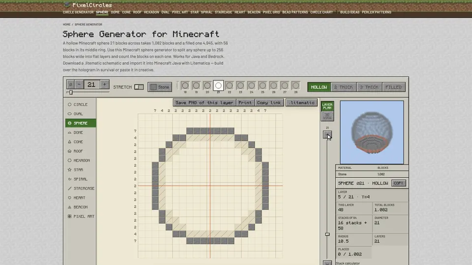 Layer 5 of a hollow 21-block Minecraft sphere in the sphere generator, with the block count beside it
