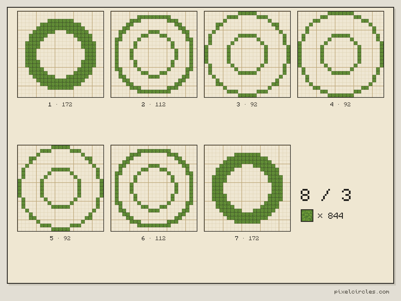 Layer plans of a hollow Minecraft torus with a big radius of 8 and a small radius of 3: 7 layers, 844 blocks in total