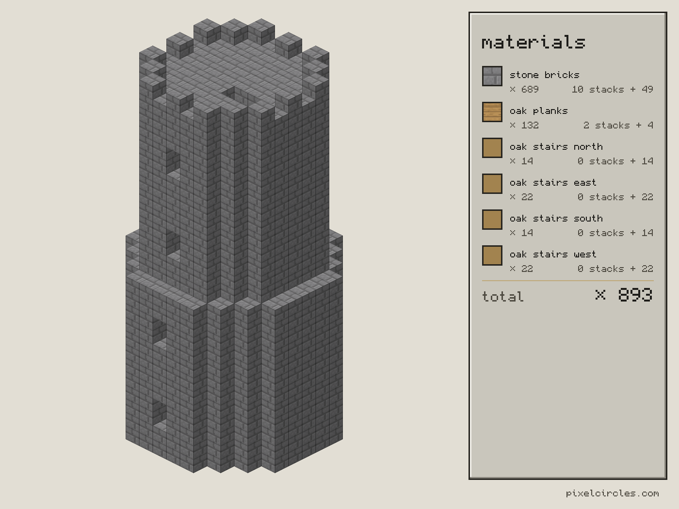 Isometric Minecraft wizard tower with a tapered round shell, windows, floors, spiral stairs and a pointed roof, 893 blocks