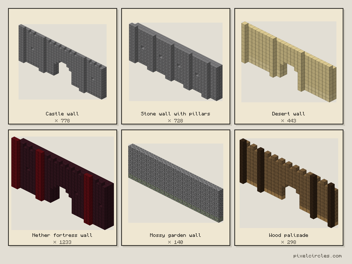 Six isometric Minecraft wall designs in a 3 by 2 comparison image, each labelled with its preset name and block count