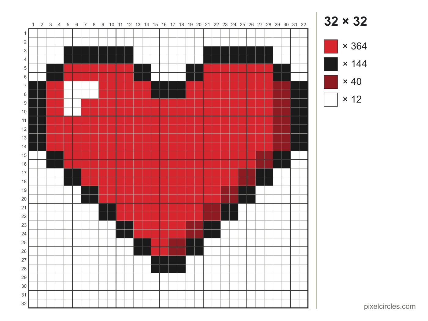Pixel art grid of a heart, 32 × 32 squares in 4 colours, with grid lines, row and column numbers and a square count for each colour