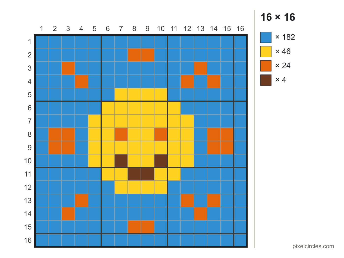 16 × 16 pixel art template of a sun in 4 colours, with row and column numbers and a square count for each colour